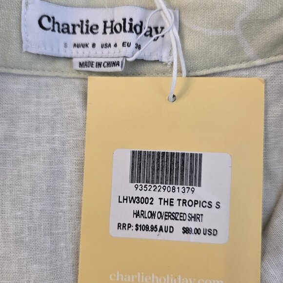 🔴 Charlie Holiday Shirt Linen Blend Womens Small Green Casual Oversized Floral - Picture 10 of 16